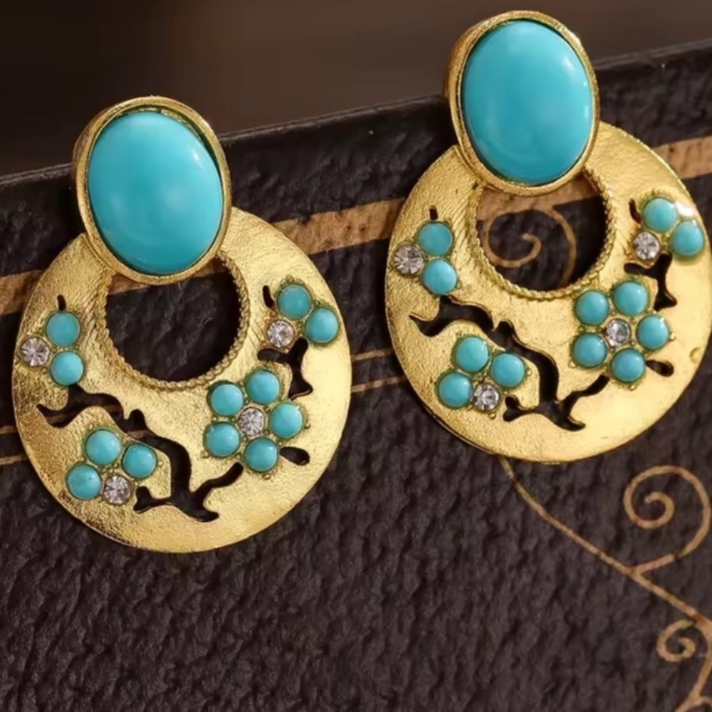 Turquoise and Gold Floral Drop Earrings
